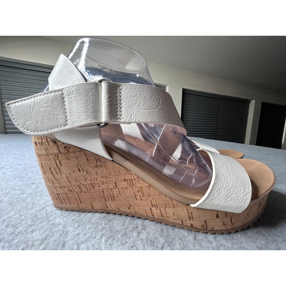 CL Laundry Womens White Strappy Cork Wedge Sandals Hook Loop Ankle Strap Size 10